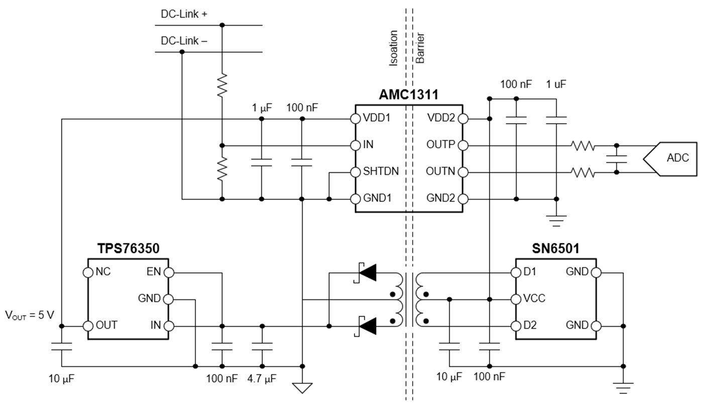  Der AMC1311 isolierte Verstärker mit einem diskreten isolierten Transformatorschaltkreis.