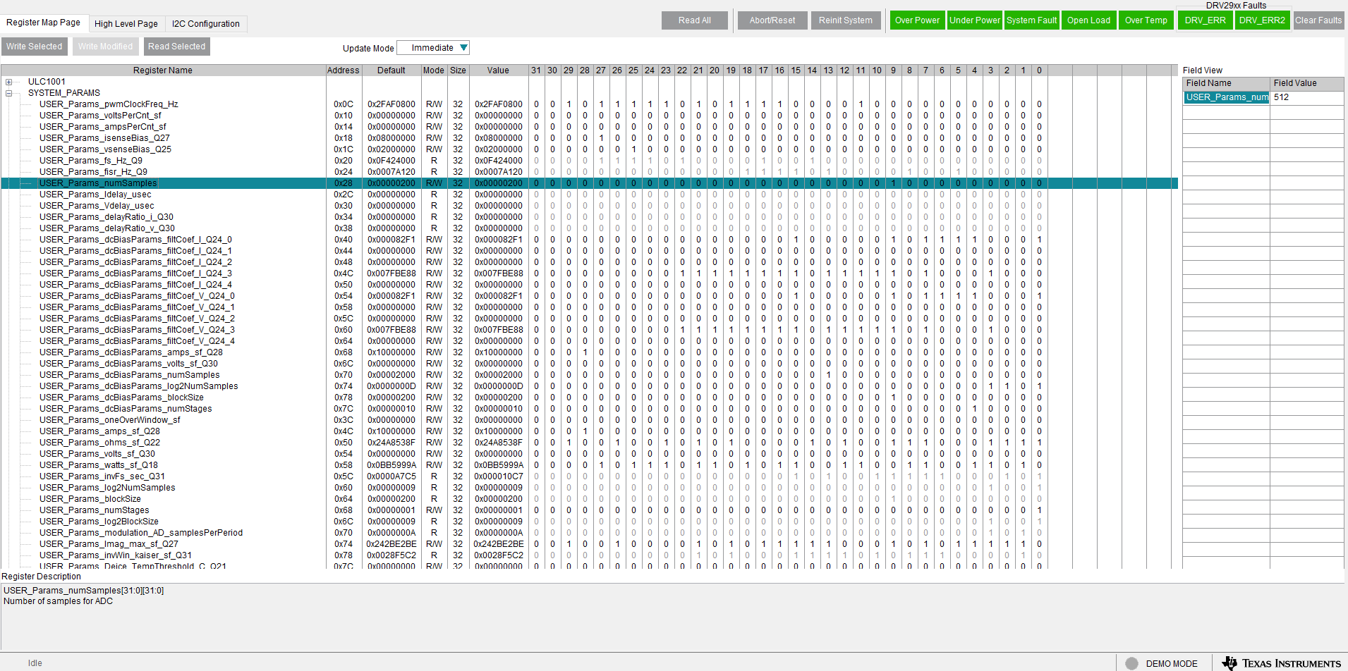 ULC1001 DRV2901 ULC1001-DRV-FL-EVM ULC1001-DRV290XEVM GUI Register Map Page (Software Registers)