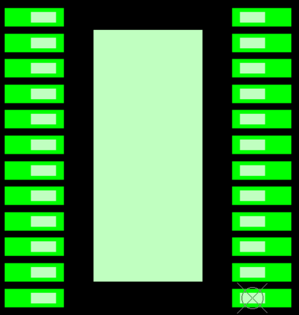 DRV81620-Q1 SO-24 on PWP0024T PCB Pad, White: other SO-24 leads, Green: TI PWP0024T PCB Pad