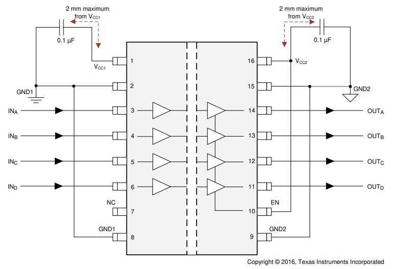 ISO7240CF-Q1 ISO7241C-Q1 ISO7242C-Q1 ISO7240x-Q1 Typical Circuit
                    Hook-Up