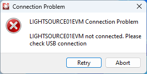 LIGHTSOURCE01EVM Hardware Error Message