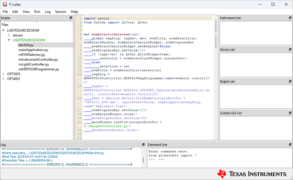 LIGHTSOURCE01EVM IDE Window