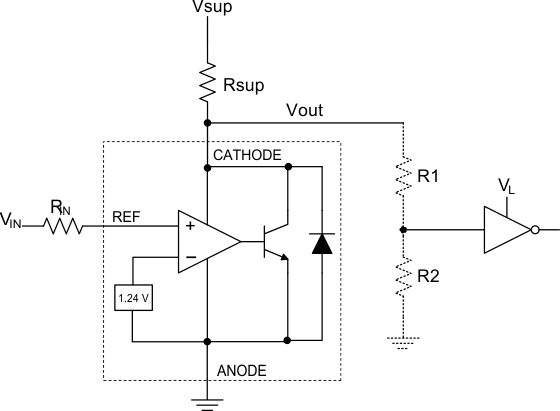 TLV431A-Q1 TLV431B-Q1 Comparator Application Schematic