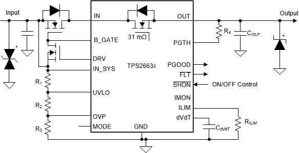 TPS2663 Circuit Implementation With Optional
                    Protection Components for TPS2663x