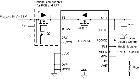 TPS2663 TPS26630 Configured for a Simple 24-V Supply Path Protection