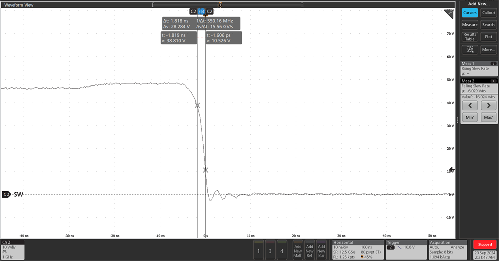 LMG2100R026 SW
                        Node Behavior Showing the Fall Time for a Boost Converter
                        RVCC=1.3 Ω 