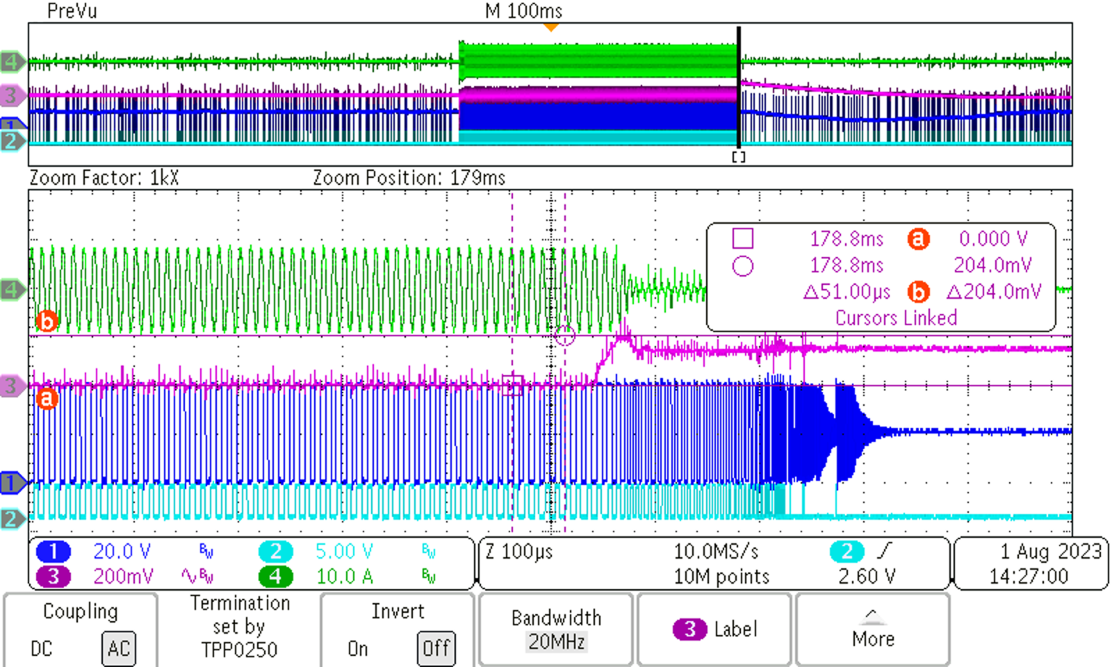 PMP41081 Load Transient: 380 VIN,Load Step: 84 A to 0 A, 2.5 A/μs