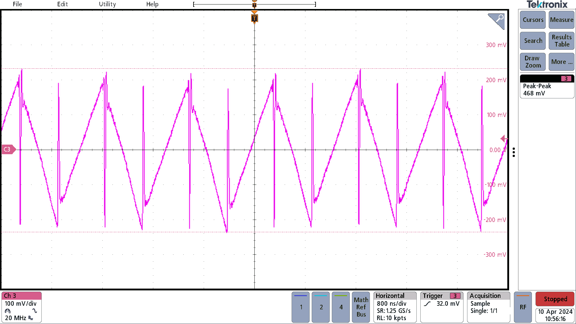 PMP23389 Input Voltage Ripple (AC Coupled) With 12V
            Input and 15A Load; Measured 468mV Peak to Peak