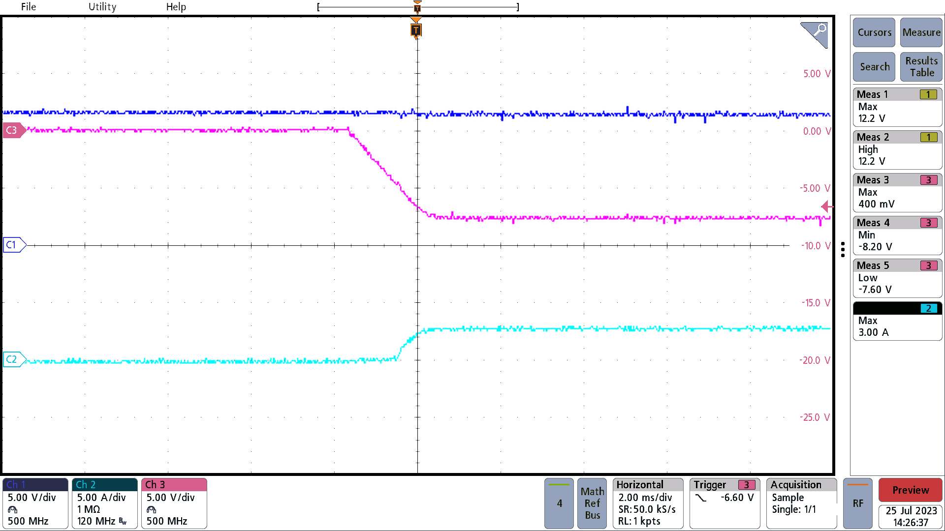 PMP23241 Start-Up Into 4A Load, 12V
                    Input, –7.5V Output, Start-Up Initiated Through Input Supply Power-Up (Enable
                    Signal Already set High by Connecting to +VIN)