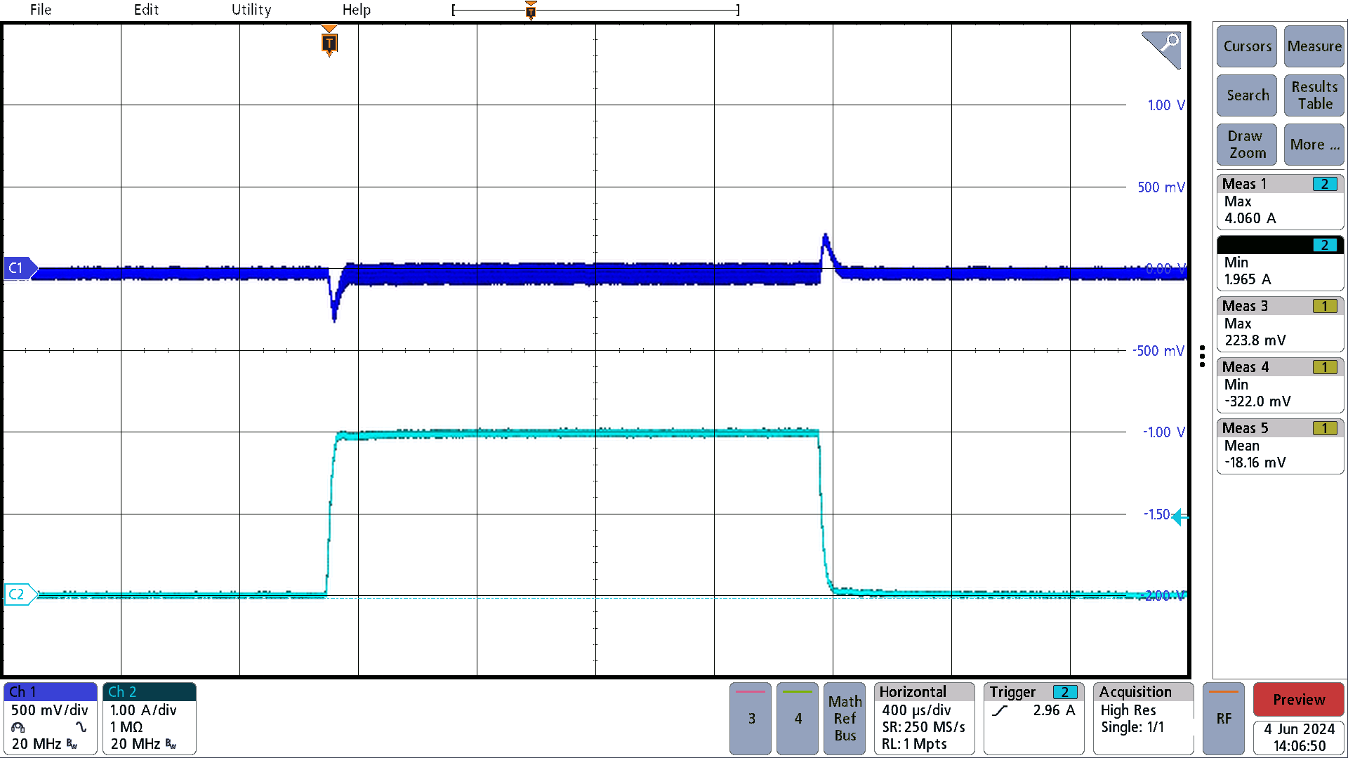 PMP23241 Load Transient Response, 12V Input, –12V
                    Output, 2A to 4A Load Step