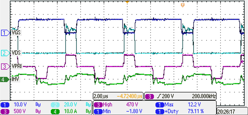 PMP41078 Switching at 450Vin, 13.5Vout, 20A Load