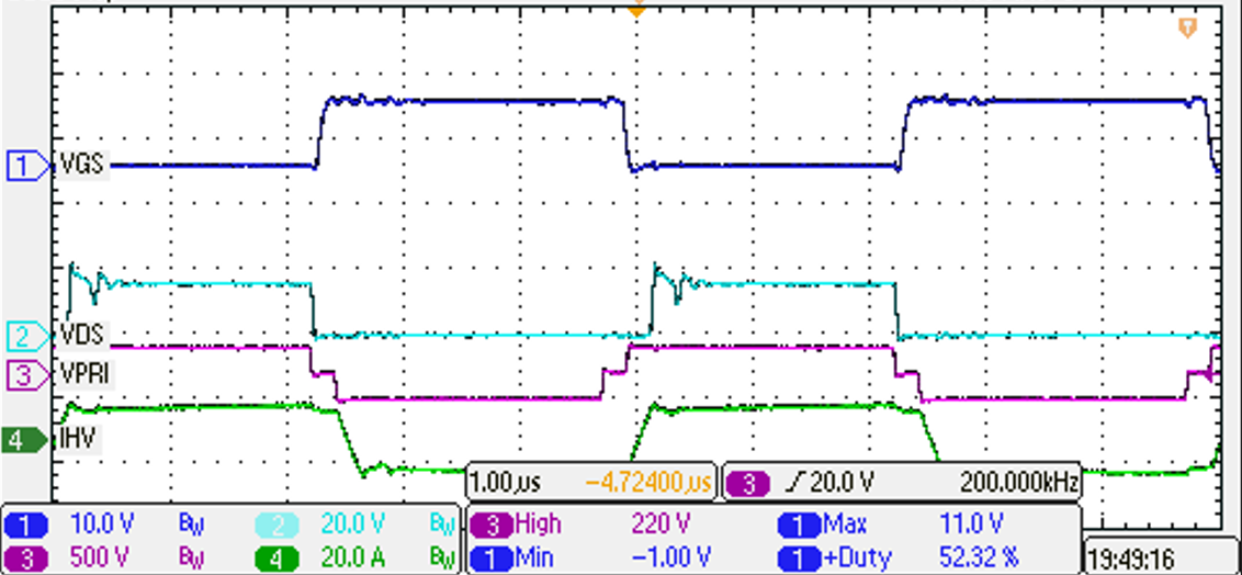 PMP41078 Switching at 200Vin, 13.5Vout, 120A Load