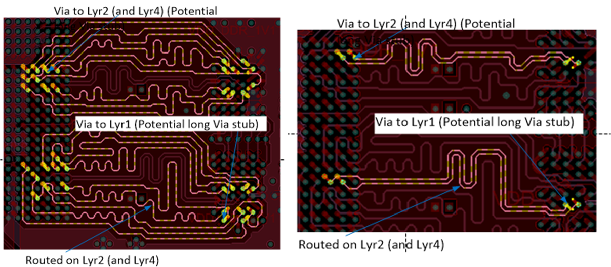 J722S, AM67x, TDA4VEN-Q1, TDA4AEN-Q1 LPDDR4 数据字节和 DQS 布线示例