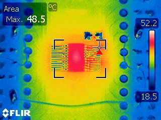  DGS 封装在 10MHz、5V 电源、8 个通道切换（每个通道 56pF 负载）下运行的热感图像