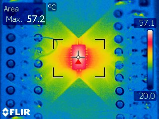  RKS 封装在 10MHz、5V 电源、8 个通道切换（每个通道 56pF 负载，散热焊盘连接悬空）下运行的热感图像