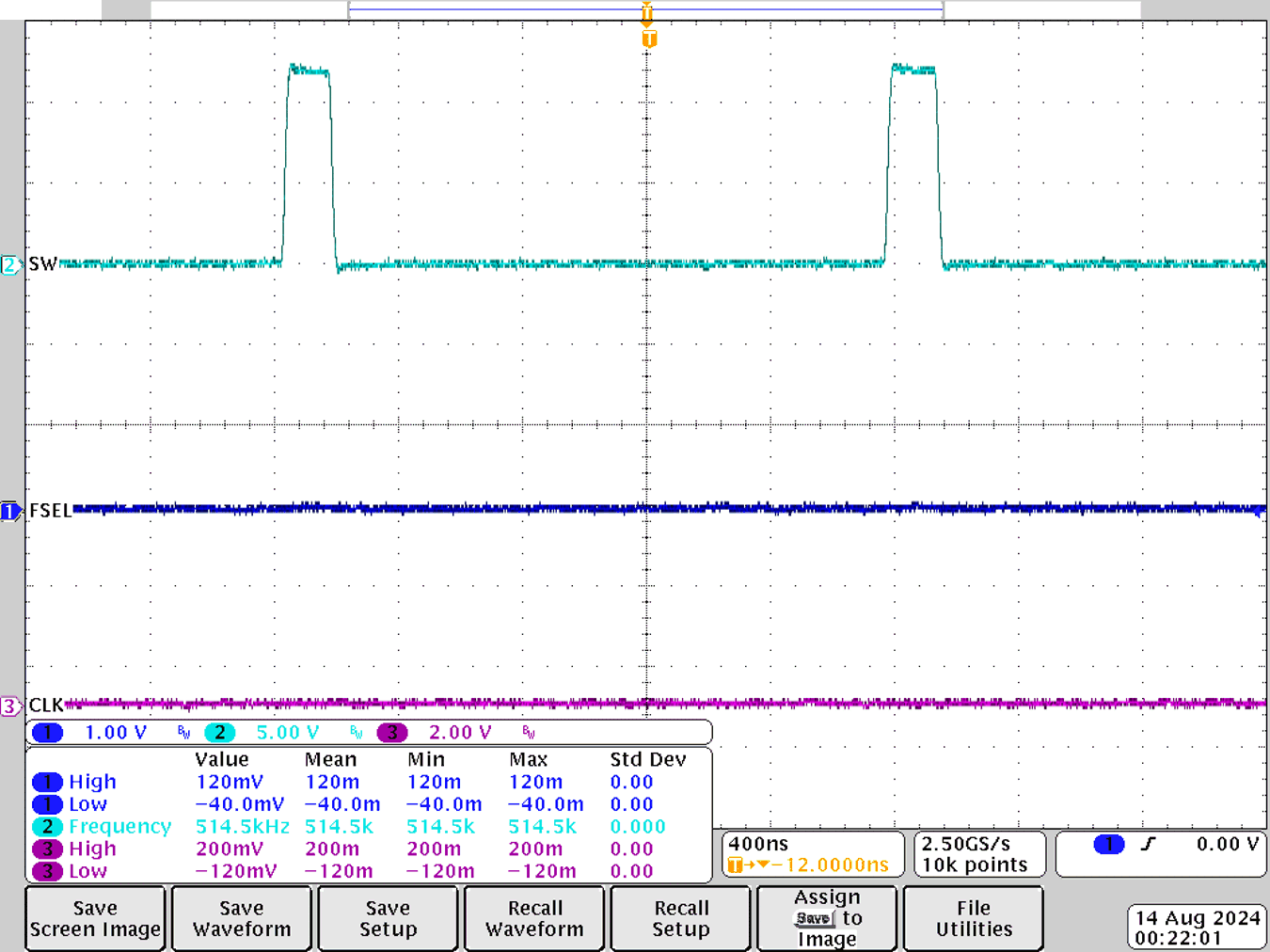  时钟关闭，R1 = 1kΩ，Rfsel = 24.3kΩ，C1 = 1nF