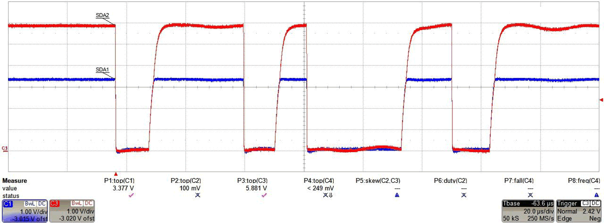  通过 TCA39306 发送地址 0x74（VCC1 = 3.3V、VCC2 = 5.0V、CBUS1 = 100pF、CBUS2 = 100pF、目标器件侧 (SDA2) 拉至低电平时）