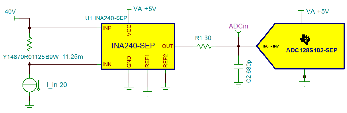 ADC128S102-SEP 电流检测电路 1 原理图