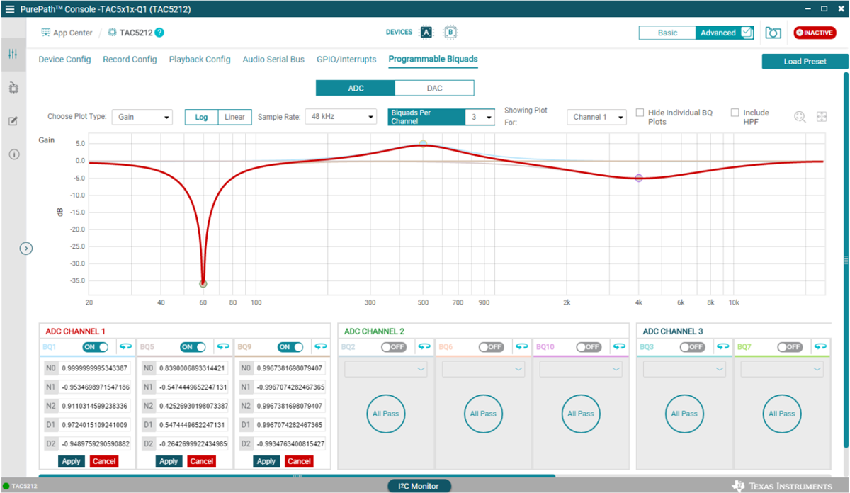  以归一化浮点格式显示计算系数的 PurePath™ Console 可编程双二阶滤波器示例