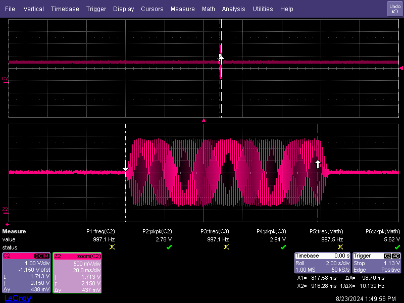 TAC5412QRGERQ1 SG2 单稳态模式示波器捕获：2Vrms 满量程时的 1KHz 信号