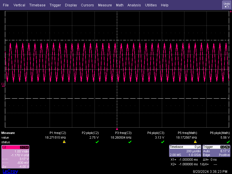 TAC5412QRGERQ1 SG2 手动模式范围捕获：2Vrms 满量程时对 1KHz 信号进行 0.5Hz 扫描