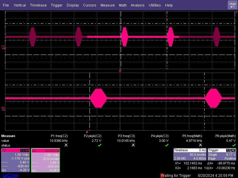 TAC5412QRGERQ1 SG2 连续脉冲模式示波器捕获：2Vrms 满量程时的 10KHz 信号