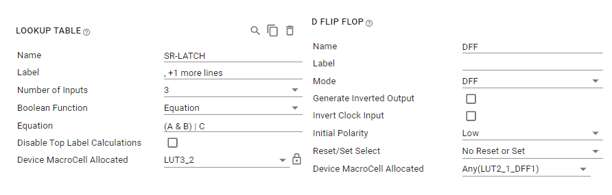 TPLD1201, TPLD1202 DFF 和 LUT（SR 锁存器）配置