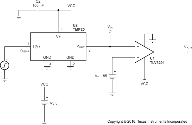 TLV3201 TLV3202 TLV3201 和 TMP20 配置为精密模拟温度开关