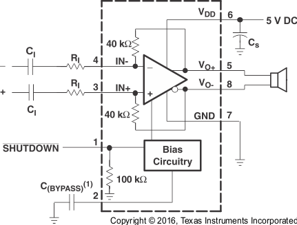 TPA6211A1-Q1 Differential Input Application Schematic Optimized With Input Capacitors