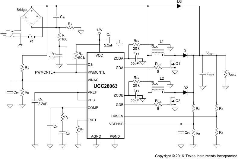 UCC28063 典型交错转换模式 PFC 前置稳压器