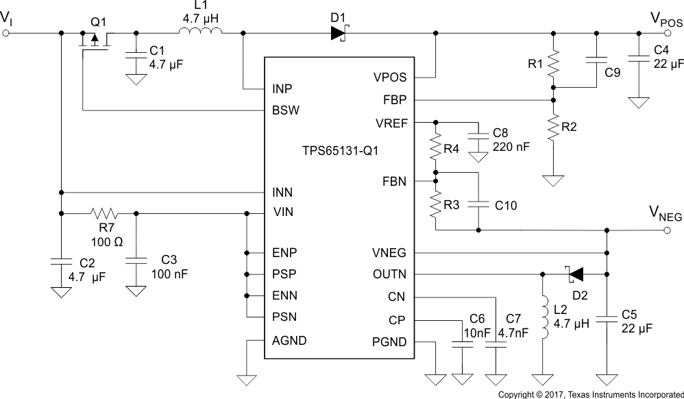 TPS65131-Q1 Typical Application
                    Schematic With VPOS = 10.5V, VNEG = –10V