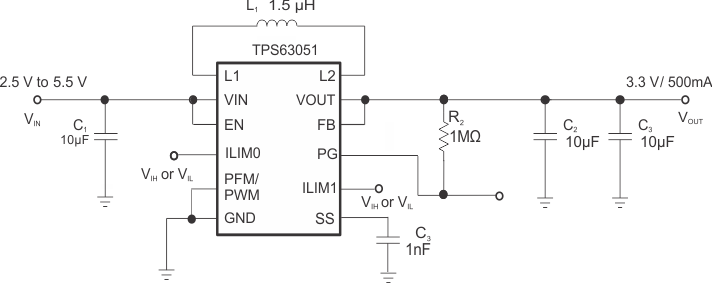 TPS63050 TPS63051 fp_schematic2_TPS63050_SLVSAM8.gif