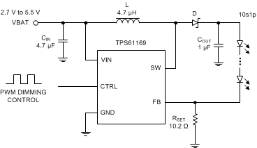 TPS61169 TPS61169 2.7V to 5.5V
                    Input, 10 LEDs in Series Output Converter