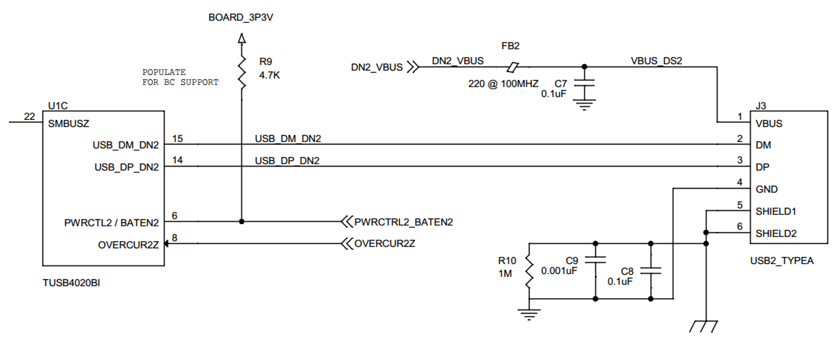 TUSB4020BI-Q1 Downstream Port 2 Implementation Schematic