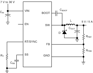 LMR14050-Q1 应用电路，5V 输出