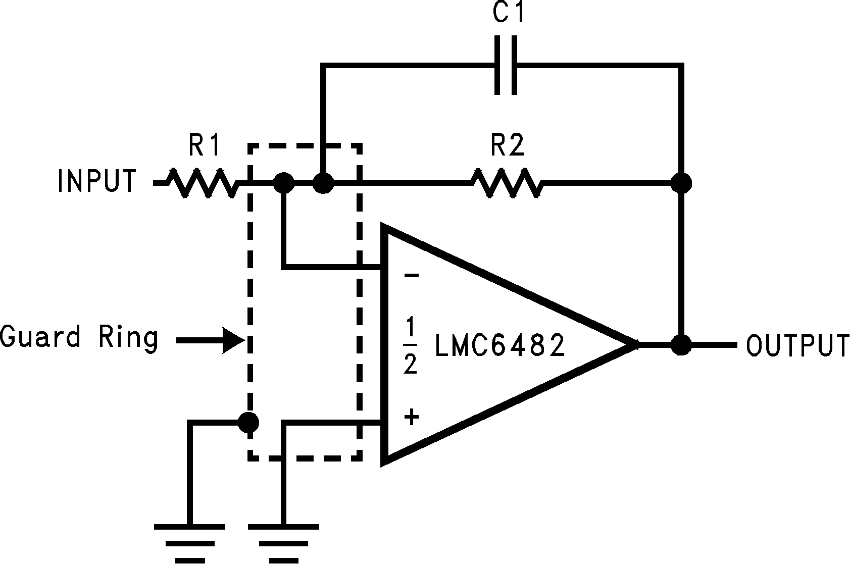 LMC6482  LMC6484 防护环的反相放大器典型连接