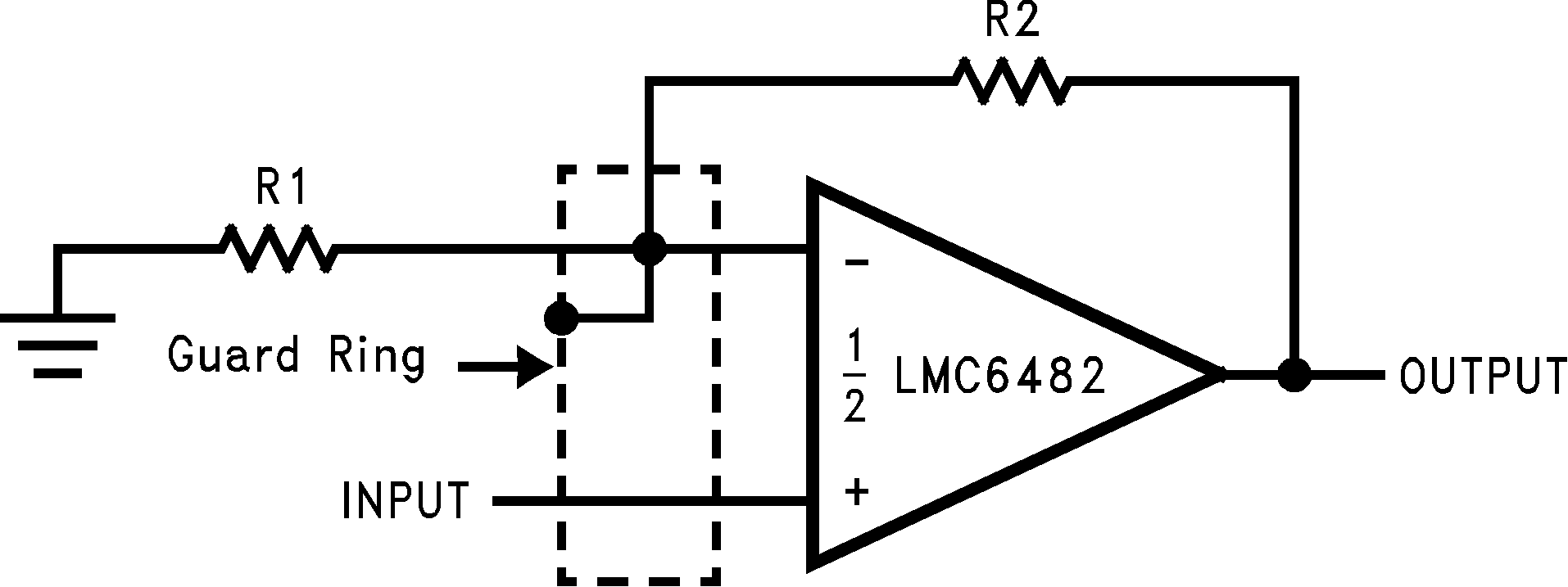 LMC6482  LMC6484 防护环的同相放大器典型连接