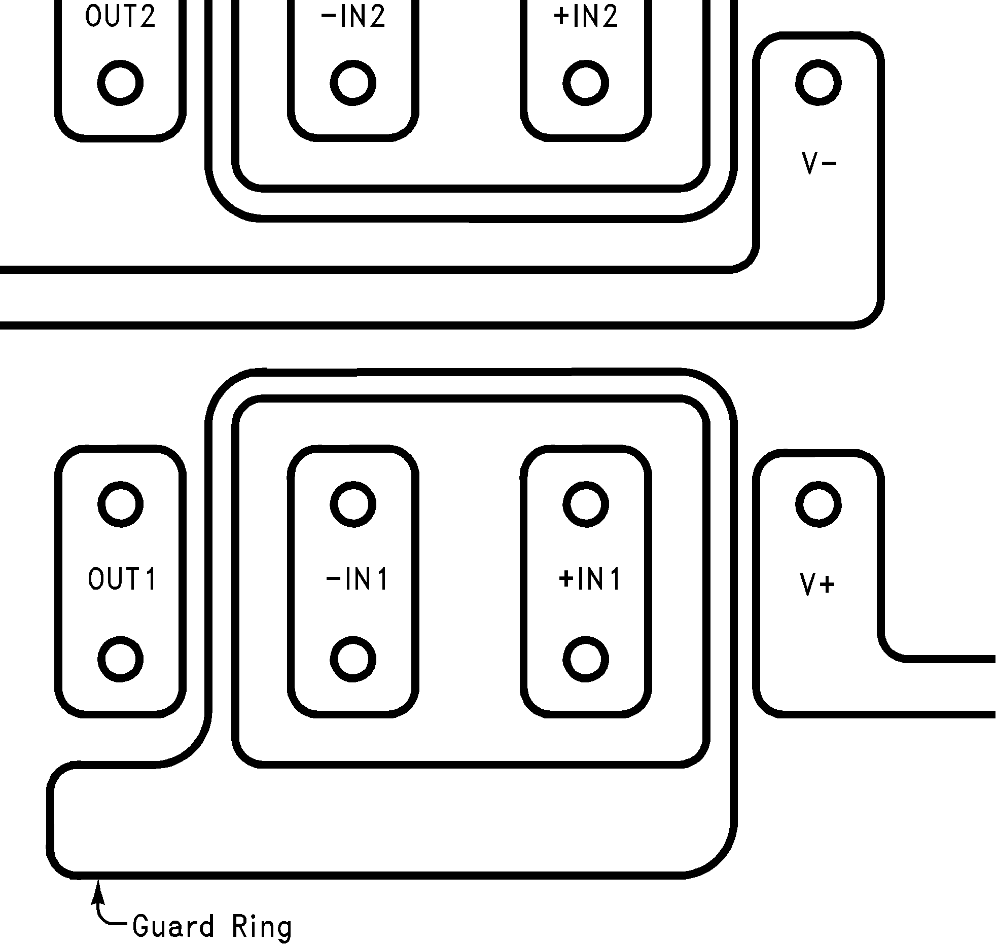 LMC6482  LMC6484 防护环的 PCB 布局典型连接中的防护环示例