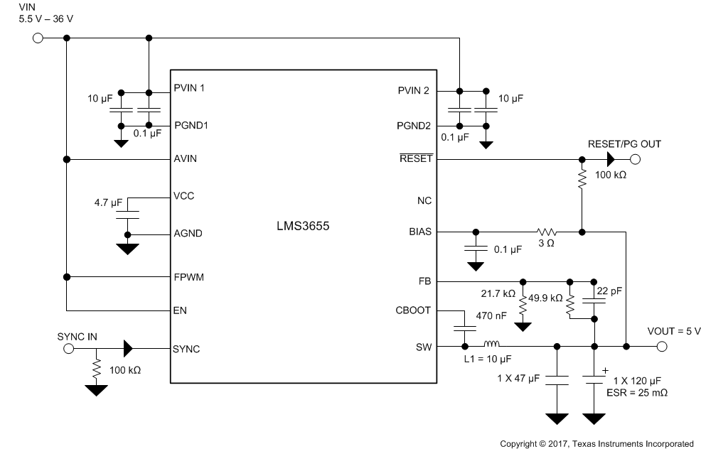 EMI, buck, regulator, converter LMS3655 LMS36xx-Q1-adjusted-5v-5pt5a-output-power-suppy-SNAS743-SNAS744.gif