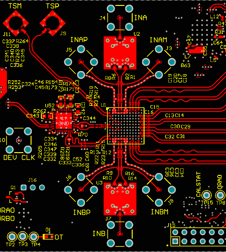 ADC12DJ5200RF Top Layer Routing: Analog Inputs, CLK and SYSREF, DA0-3, DB0-3