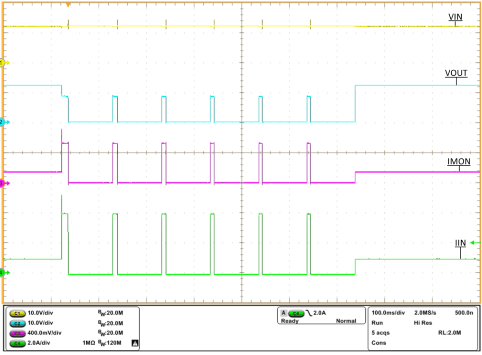 TPS2595 tps2595x-auto-retry-latch-vin-equals-12v-cin-equals-0-1uF-cout-equals-1uF-rlim-equals-487-rl-equals-12Ohm-2Ohm-12Ohm-01-scope-shot.gif