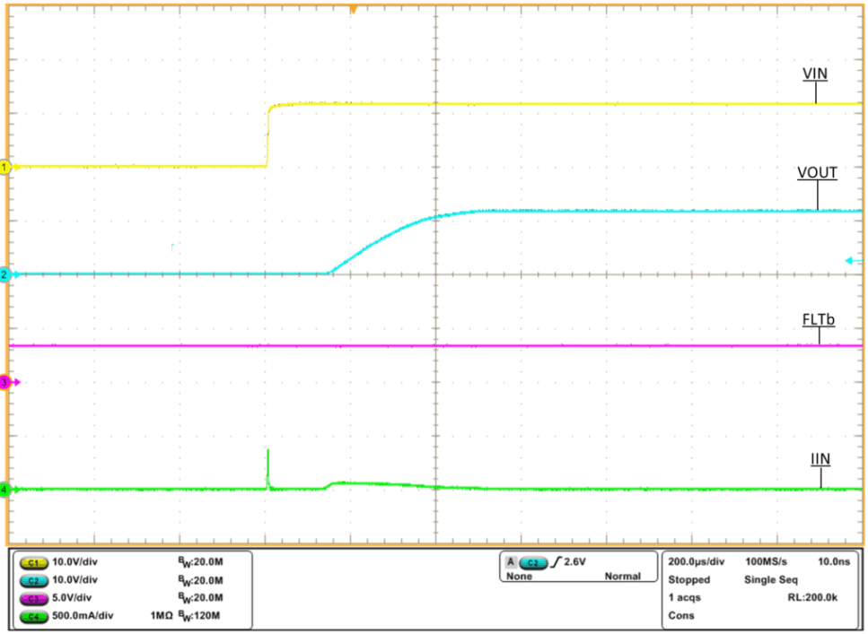 TPS2595 tps2595x-hot-plug-vin-equals-12v-cin-equals-0-1uf-cout-equals-1uF-rlim-equals-487-fltb-equals-3-3v-through-10k-scope-shot.gif