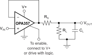 OPA357 OPA2357 OPA357_SBOS235_series_resistor_unity-gain_configuration.gif