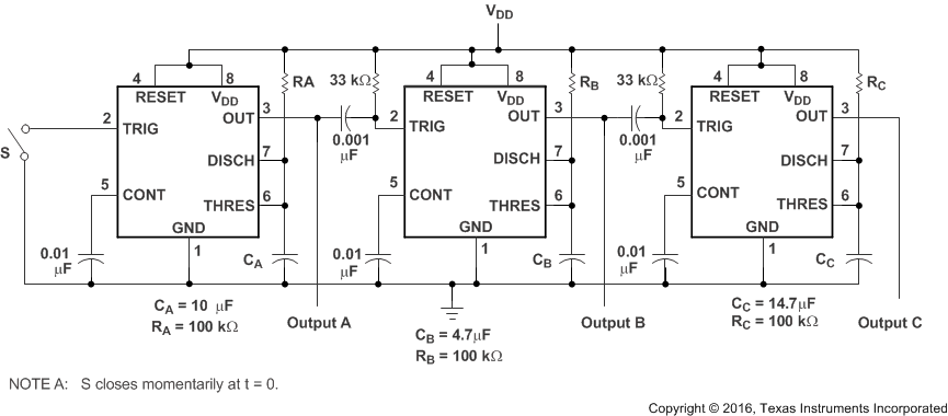 TLC555-Q1 顺序计时器电路