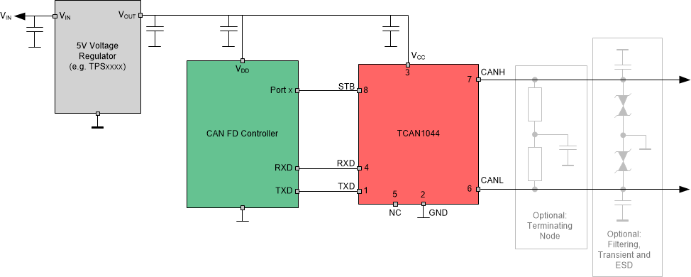 TCAN1044-Q1 Transceiver Application Using 5V I/O Connections