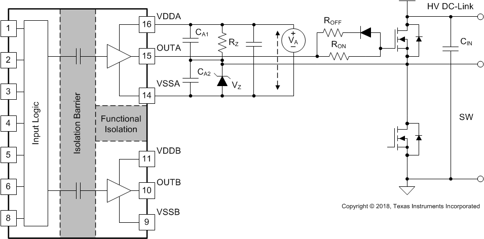 UCC21540 UCC21540A UCC21541 UCC21542 利用 ISO 偏置电源输出上的齐纳二极管生成负偏置