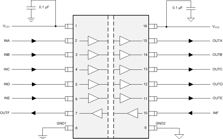 ISO7760-Q1 ISO7761-Q1 ISO7762-Q1 ISO7763-Q1 Typical ISO7761-Q1 Circuit Hook-up