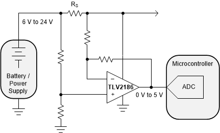 TLV2186 tlv2186-high-side-current-shunt-monitor-application.gif