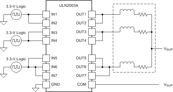 ULN2002A ULN2003A ULN2003AI ULQ2003A ULN2004A ULQ2004A ULN2003A 器件用作感性负载驱动器