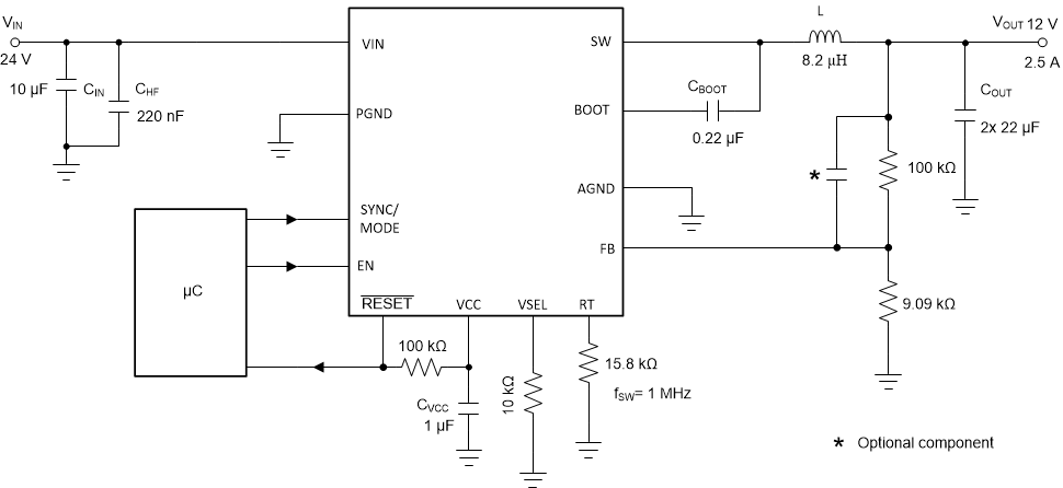 LM63615-Q1 LM63625-Q1 全功能设计示例 VIN = 24V，VOUT = 12V，IOUT = 2.5A，ƒSW = 1MHz